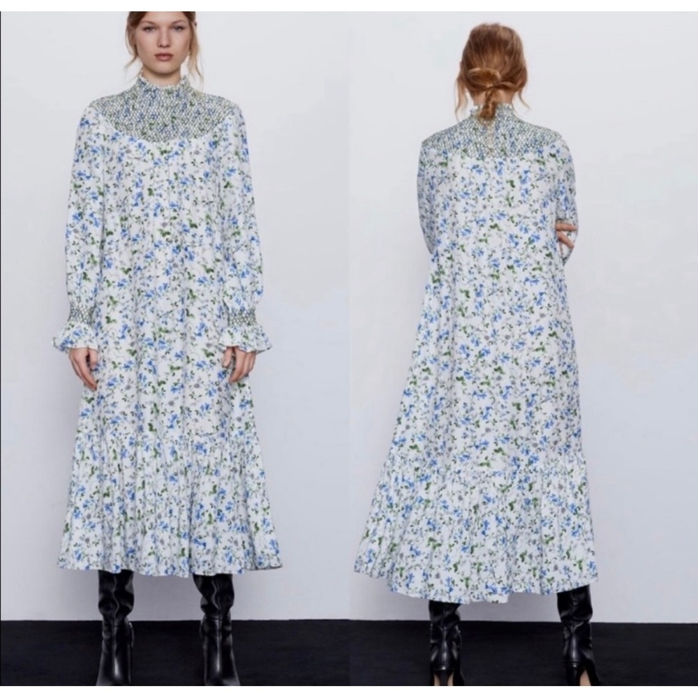 Zara Floral Smocked Mock Neck Maxi Dress Long Sleeve Cottagecore Boho Chic Small